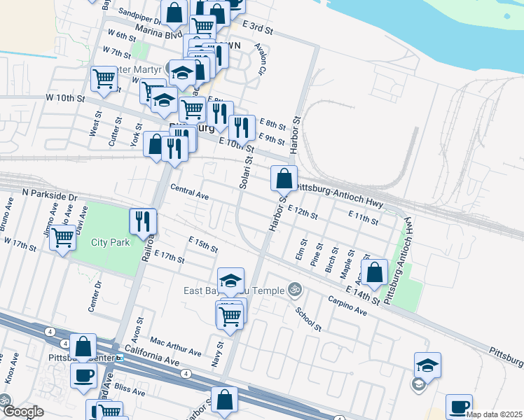map of restaurants, bars, coffee shops, grocery stores, and more near 452 Central Avenue in Pittsburg