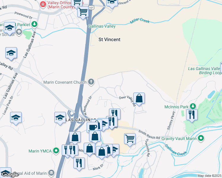 map of restaurants, bars, coffee shops, grocery stores, and more near 737 Deer Valley Road in San Rafael