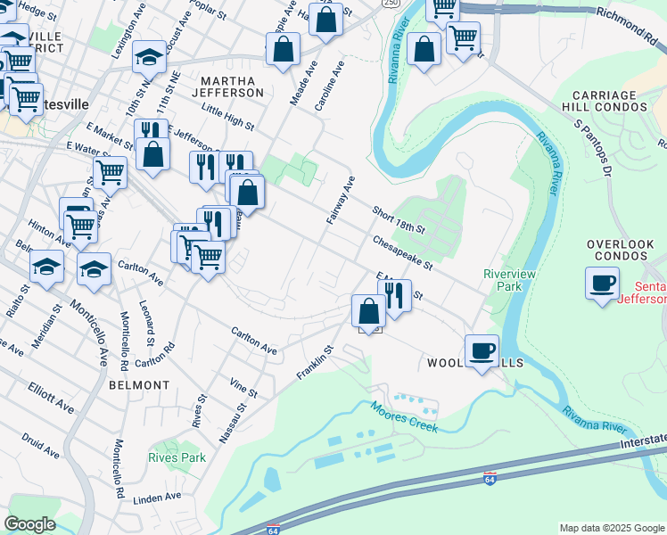 map of restaurants, bars, coffee shops, grocery stores, and more near 1518 East Market Street in Charlottesville