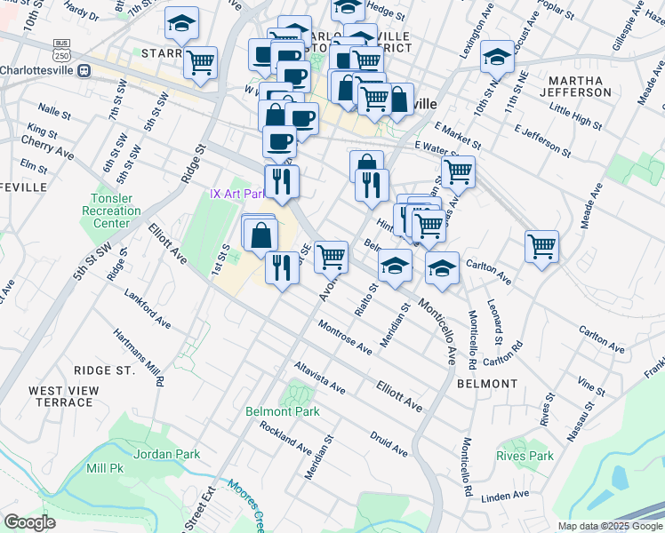 map of restaurants, bars, coffee shops, grocery stores, and more near 624 Bolling Avenue in Charlottesville