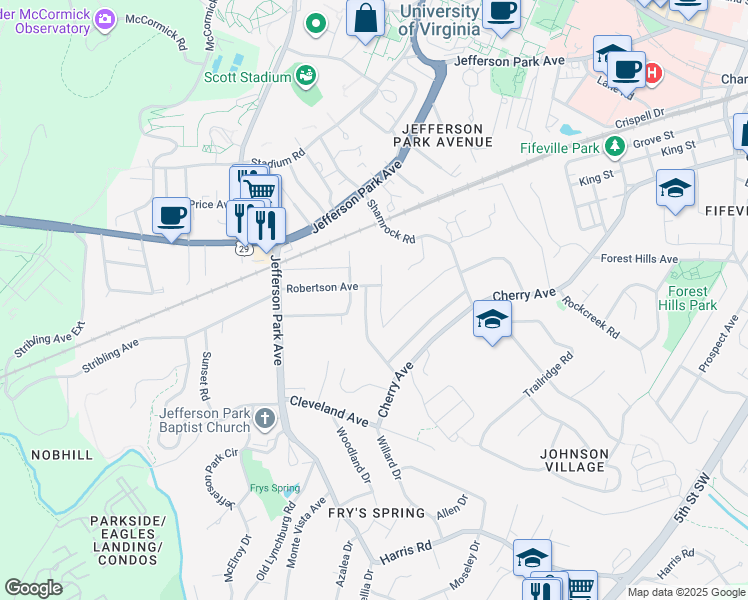 map of restaurants, bars, coffee shops, grocery stores, and more near 2311 Highland Avenue in Charlottesville