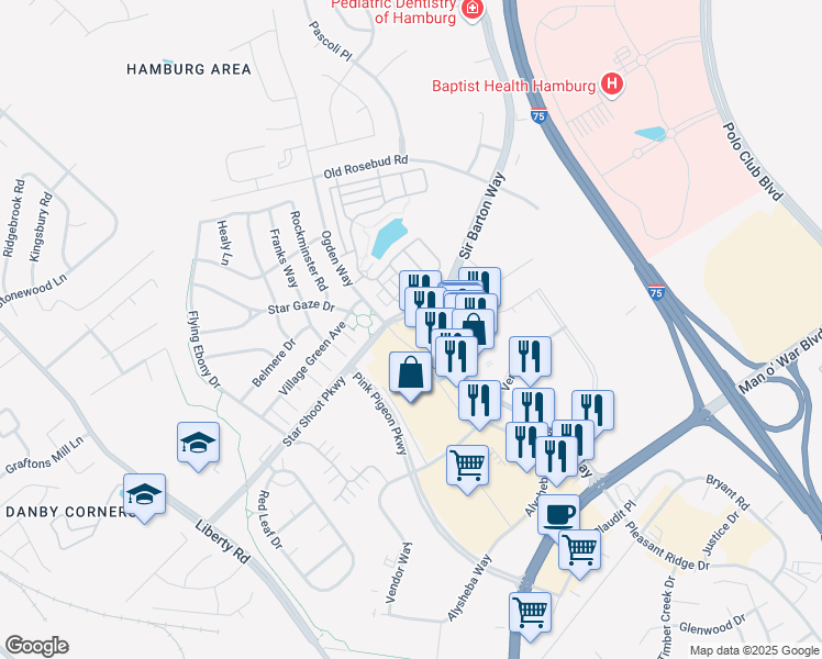map of restaurants, bars, coffee shops, grocery stores, and more near 1890 Star Shoot Parkway in Lexington