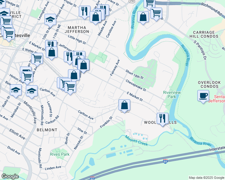 map of restaurants, bars, coffee shops, grocery stores, and more near 1512 East Market Street in Charlottesville