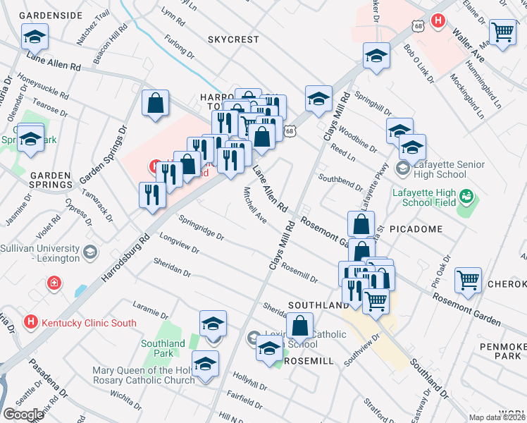 map of restaurants, bars, coffee shops, grocery stores, and more near 620 Mitchell Avenue in Lexington