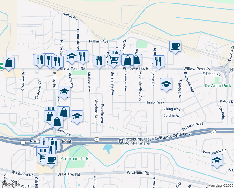 map of restaurants, bars, coffee shops, grocery stores, and more near 79 Bella Vista Avenue in Bay Point