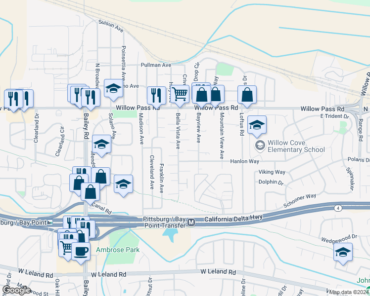 map of restaurants, bars, coffee shops, grocery stores, and more near 79 Bella Vista Avenue in Bay Point