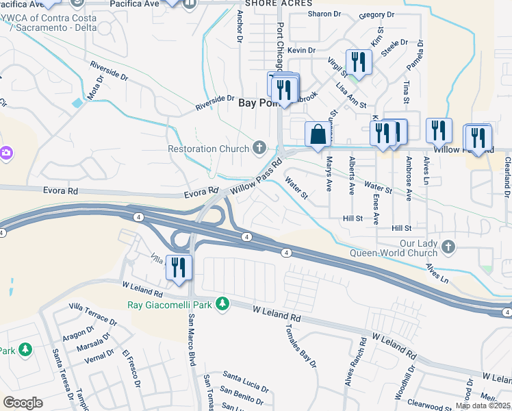 map of restaurants, bars, coffee shops, grocery stores, and more near 3777 Willow Pass Road in Bay Point