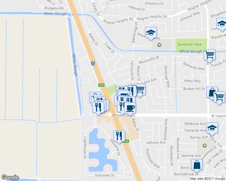 map of restaurants, bars, coffee shops, grocery stores, and more near 8321 Kelley Drive in Stockton