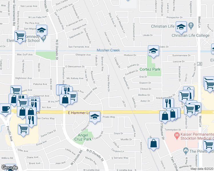 map of restaurants, bars, coffee shops, grocery stores, and more near 8033 Diana Marie Drive in Stockton