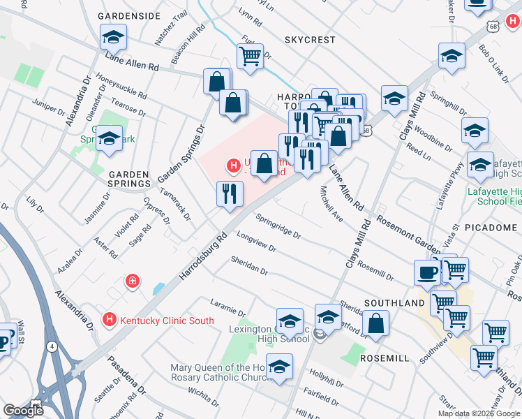 map of restaurants, bars, coffee shops, grocery stores, and more near 691 Springridge Drive in Lexington