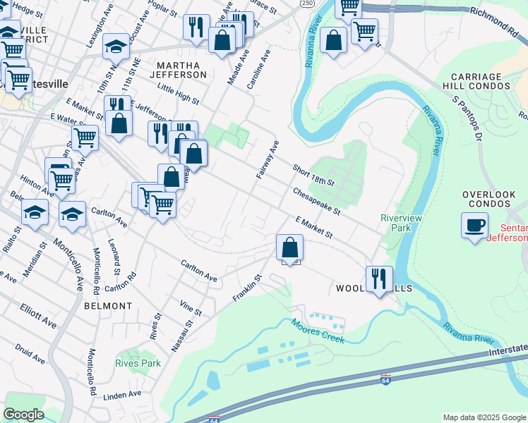 map of restaurants, bars, coffee shops, grocery stores, and more near 1512 East Market Street in Charlottesville