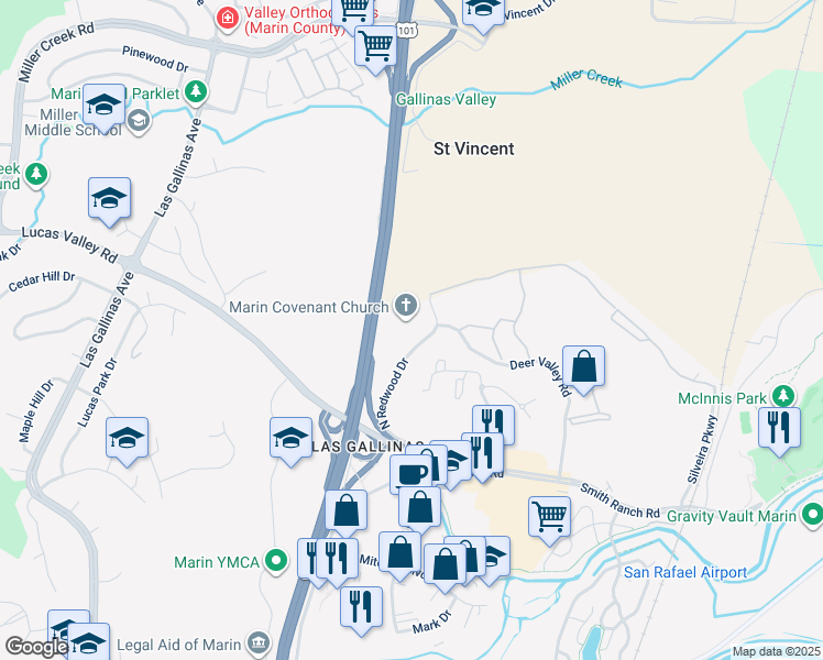 map of restaurants, bars, coffee shops, grocery stores, and more near 185 North Redwood Drive in San Rafael