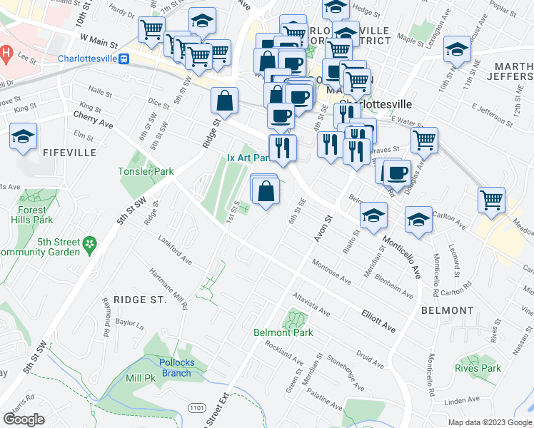 map of restaurants, bars, coffee shops, grocery stores, and more near 943 2nd Street Southeast in Charlottesville