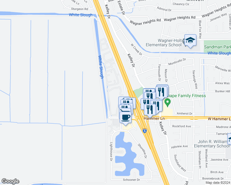map of restaurants, bars, coffee shops, grocery stores, and more near 8035 Mariners Drive in Stockton
