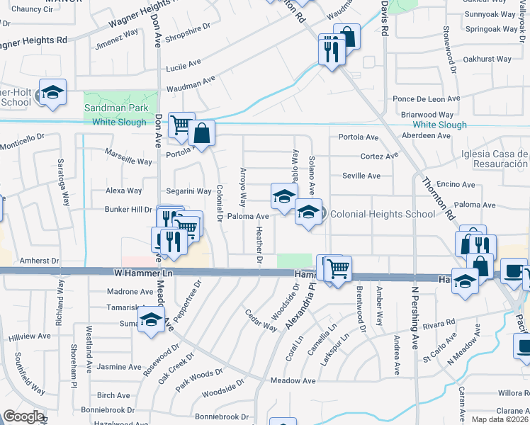 map of restaurants, bars, coffee shops, grocery stores, and more near 2053 Paloma Avenue in Stockton