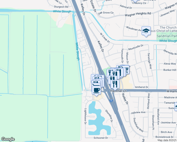 map of restaurants, bars, coffee shops, grocery stores, and more near 8035 Mariners Drive in Stockton