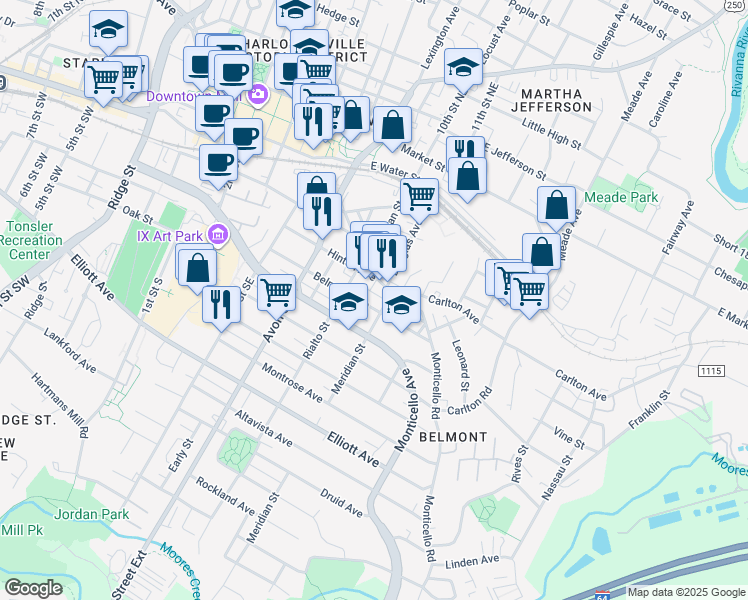 map of restaurants, bars, coffee shops, grocery stores, and more near 900 Belmont Avenue in Charlottesville