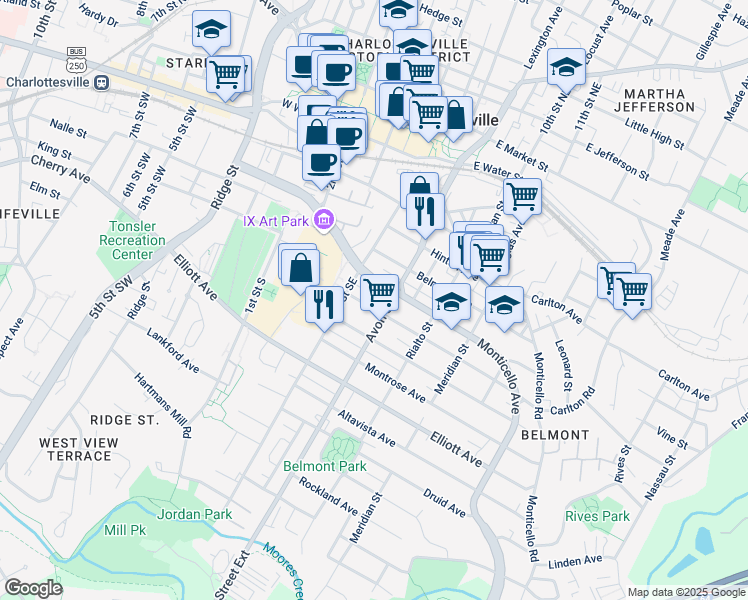 map of restaurants, bars, coffee shops, grocery stores, and more near 624 Bolling Avenue in Charlottesville