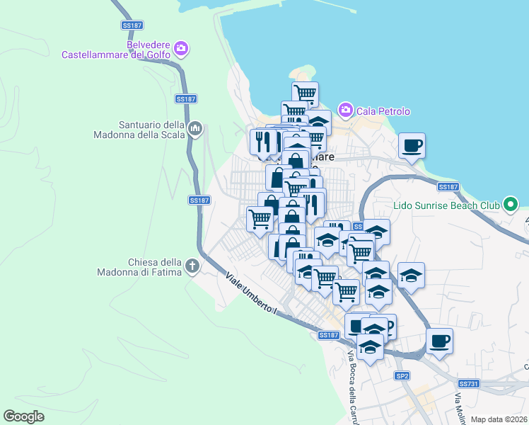 map of restaurants, bars, coffee shops, grocery stores, and more near 55 Via Schiavo in Castellammare del Golfo