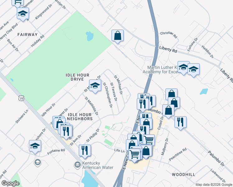 map of restaurants, bars, coffee shops, grocery stores, and more near 2128 Saint Michael Drive in Lexington