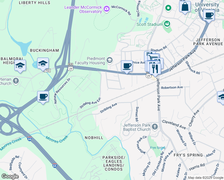 map of restaurants, bars, coffee shops, grocery stores, and more near 2514 Westerly Avenue in Charlottesville