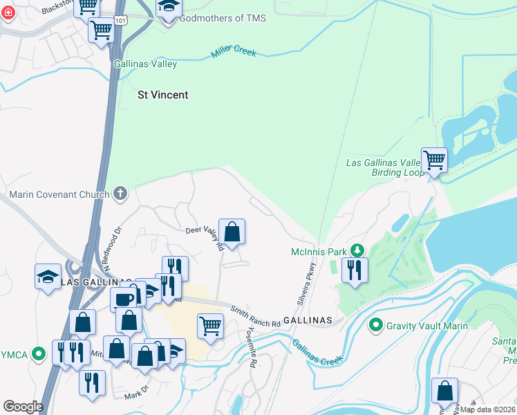 map of restaurants, bars, coffee shops, grocery stores, and more near 401 North Avenue in San Rafael