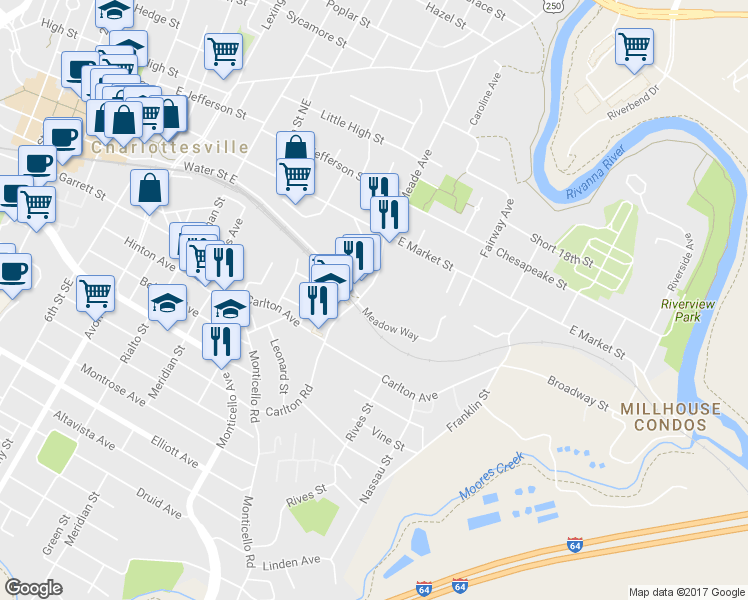 map of restaurants, bars, coffee shops, grocery stores, and more near 100 Meade Avenue in Charlottesville