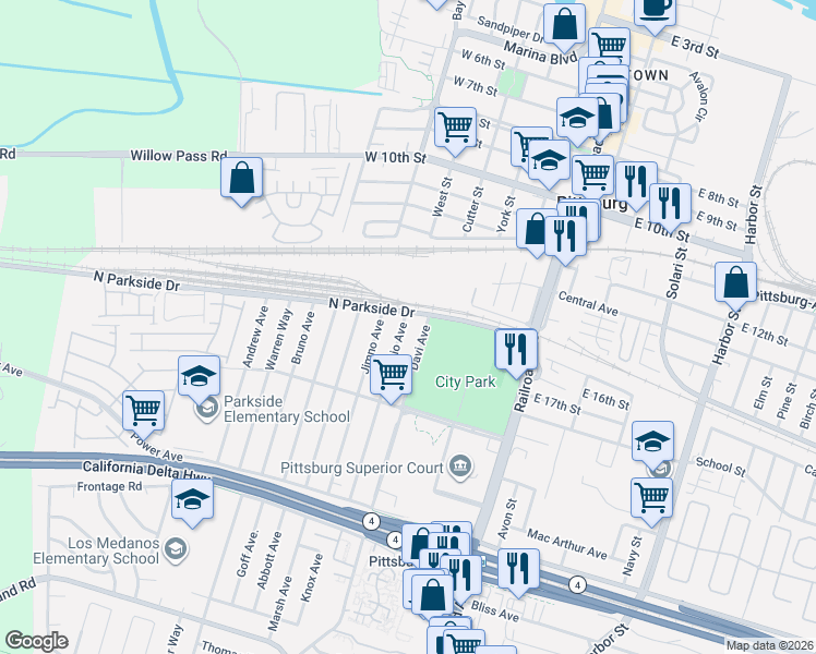 map of restaurants, bars, coffee shops, grocery stores, and more near 62 Davi Avenue in Pittsburg