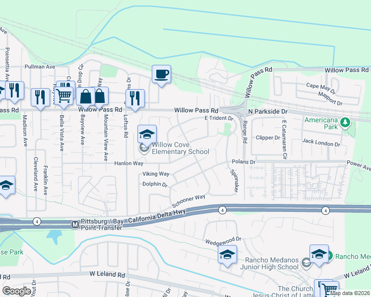 map of restaurants, bars, coffee shops, grocery stores, and more near 1715 Hanlon Way in Pittsburg