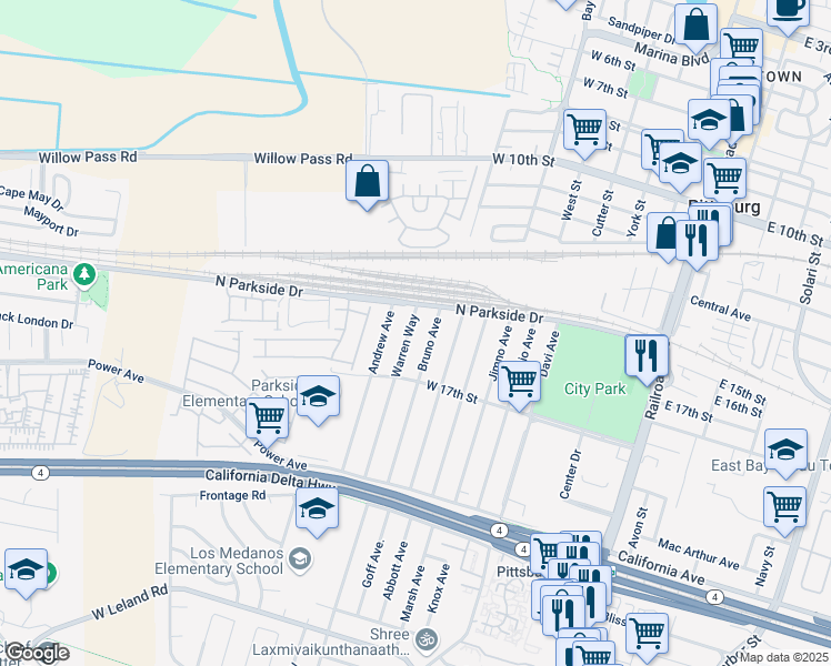 map of restaurants, bars, coffee shops, grocery stores, and more near 73 Warren Way in Pittsburg
