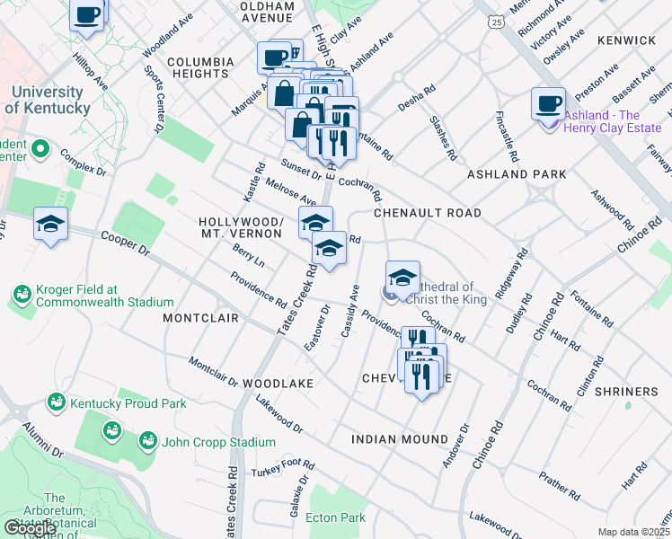 map of restaurants, bars, coffee shops, grocery stores, and more near 1125 Tates Creek Road in Lexington