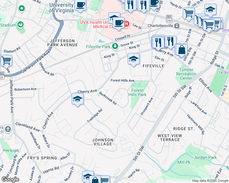 map of restaurants, bars, coffee shops, grocery stores, and more near 1427 Briarcliff Avenue in Charlottesville