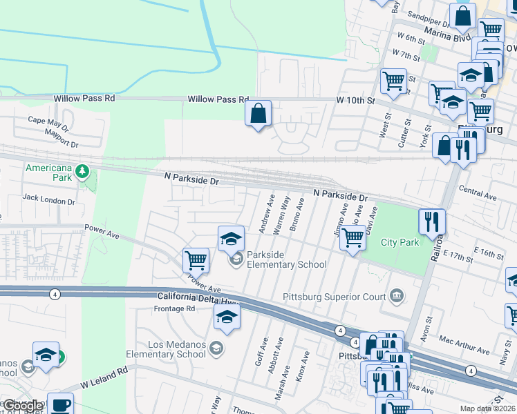 map of restaurants, bars, coffee shops, grocery stores, and more near 84 Cassia Street in Pittsburg