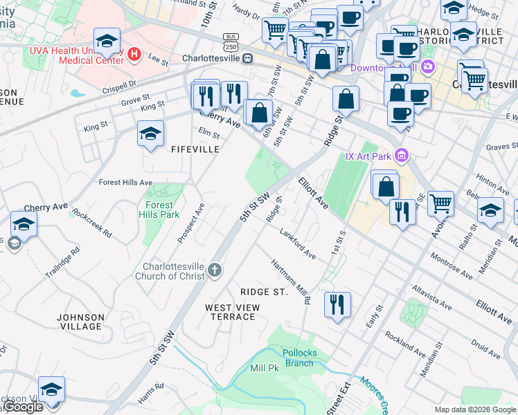 map of restaurants, bars, coffee shops, grocery stores, and more near 721 Ridge Street in Charlottesville