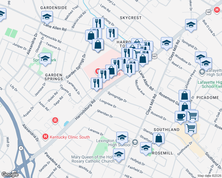 map of restaurants, bars, coffee shops, grocery stores, and more near 691 Springridge Drive in Lexington