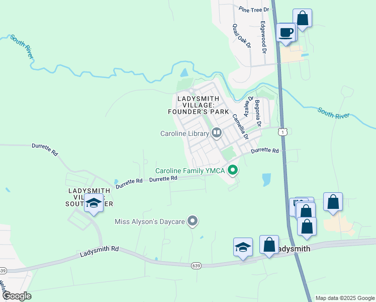 map of restaurants, bars, coffee shops, grocery stores, and more near 17254 Perinchief Street in Ruther Glen