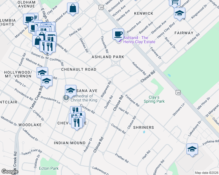 map of restaurants, bars, coffee shops, grocery stores, and more near 322 Ridgeway Road in Lexington