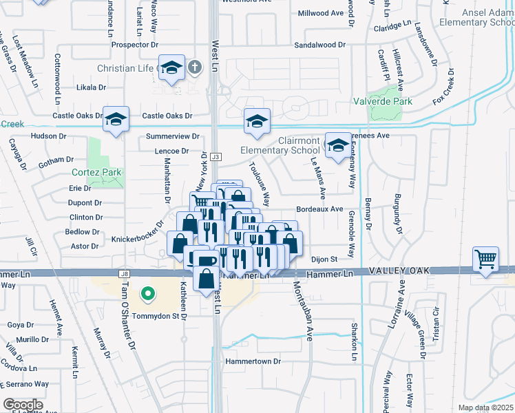 map of restaurants, bars, coffee shops, grocery stores, and more near 1528 Bordeaux Avenue in Stockton