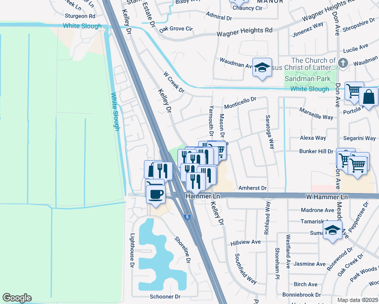 map of restaurants, bars, coffee shops, grocery stores, and more near 8200 Kelley Drive in Stockton