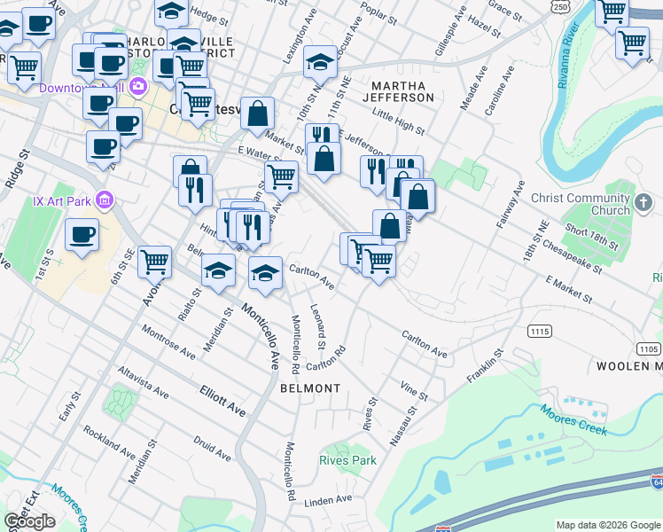 map of restaurants, bars, coffee shops, grocery stores, and more near 1201 Carlton Avenue in Charlottesville