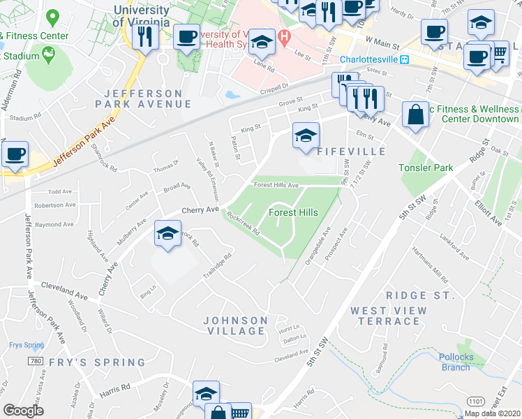 map of restaurants, bars, coffee shops, grocery stores, and more near 617 Rockcreek Road in Charlottesville