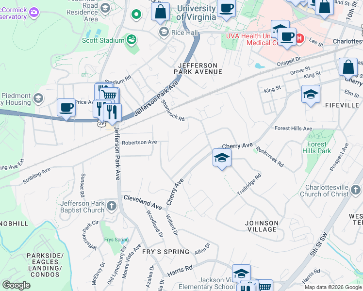 map of restaurants, bars, coffee shops, grocery stores, and more near 1638 Center Avenue in Charlottesville