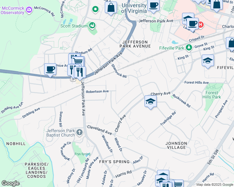 map of restaurants, bars, coffee shops, grocery stores, and more near 1638 Center Avenue in Charlottesville
