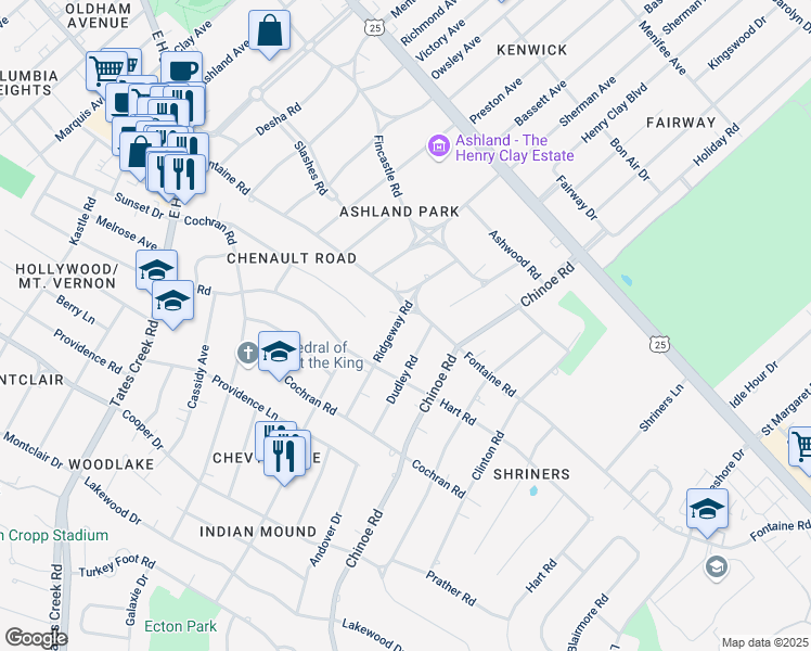 map of restaurants, bars, coffee shops, grocery stores, and more near 322 Ridgeway Road in Lexington