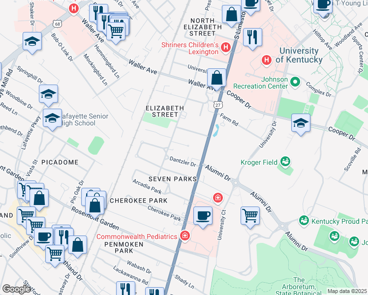 map of restaurants, bars, coffee shops, grocery stores, and more near 115 Dantzler Drive in Lexington
