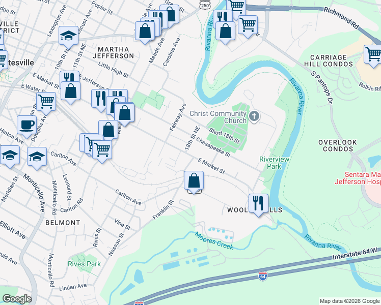 map of restaurants, bars, coffee shops, grocery stores, and more near 1602 East Market Street in Charlottesville