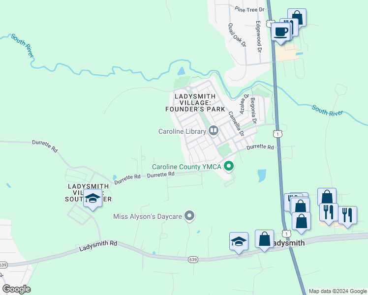 map of restaurants, bars, coffee shops, grocery stores, and more near 17254 Perinchief Street in Ruther Glen