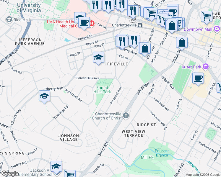 map of restaurants, bars, coffee shops, grocery stores, and more near 731 Orangedale Avenue in Charlottesville