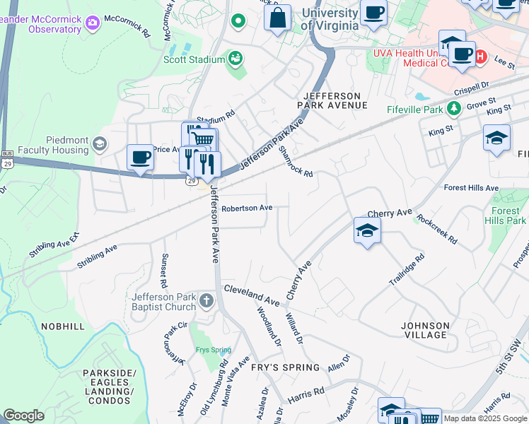 map of restaurants, bars, coffee shops, grocery stores, and more near 212 Robertson Avenue in Charlottesville