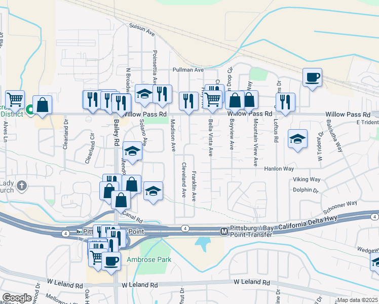 map of restaurants, bars, coffee shops, grocery stores, and more near 215 Franklin Avenue in Bay Point